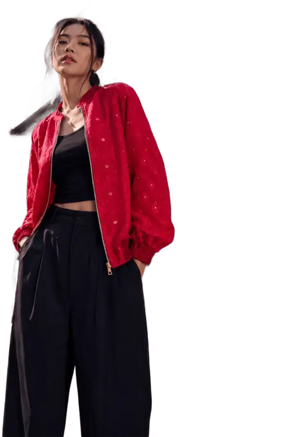 Look 02: red jacket, black trousers