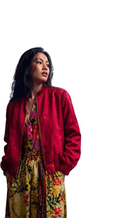 Look 04: red jacket, floral trousers