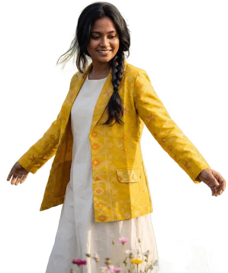Look 05: yellow jacket, white dress